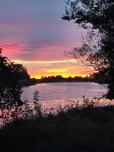 a sunset over a body of water with trees at Ferienwohnung Havel-Ausblick in Havelberg