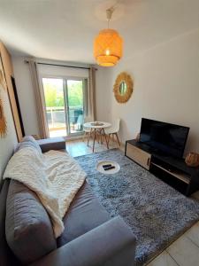ein Wohnzimmer mit einem Sofa und einem TV in der Unterkunft 2 pièces proche plage + parking in Golfe-Juan
