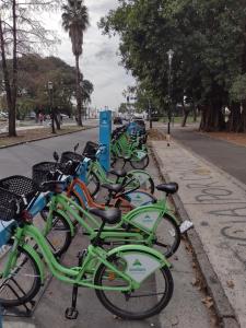 una fila de motos verdes estacionadas al lado de una calle en Centrico Pichincha cercano al rio en Rosario