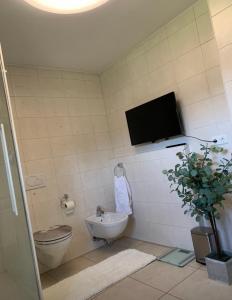 a bathroom with a toilet and a tv on the wall at Ferienwohnung SISSI in Rieden