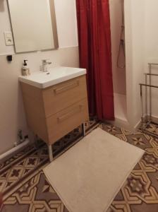 een badkamer met een wastafel en een rood douchegordijn bij Petit appart au cœur des REMPARTS - Netfix et connection fibre gratuits in Carpentras