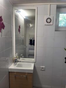 a bathroom with a sink and a mirror at Petite maison Juvisy, Orly 7 min, Paris 15min in Juvisy-sur-Orge