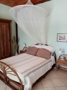 a bedroom with a bed with a mosquito net at Ricouch, chambre d'hôtes et permaculture in Momuy