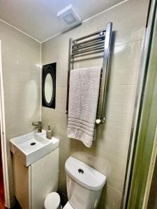 a bathroom with a toilet and a sink and a mirror at NewDay Property - Golders Green in London