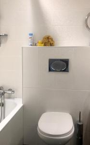 La salle de bains blanche est pourvue de toilettes et d'un lavabo. dans l'établissement Olga apartment, à Riga