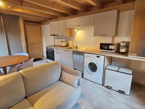 uma cozinha com um sofá e uma máquina de lavar e secar roupa em Cozy, quiet apartment in town center - near Geneva, Annecy, Chamonix, Lac Léman em Bons