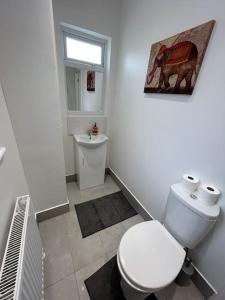uma casa de banho com um WC branco e um lavatório. em Bali Bliss Garden Flat with Parking em Enfield