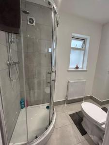 a bathroom with a shower and a toilet at Bali Bliss Garden Flat with Parking in Enfield