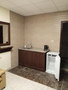 uma cozinha com um lavatório e um pequeno frigorífico em Al Ghadeer Hotel الغدير للشقق الفندقيه em Amã