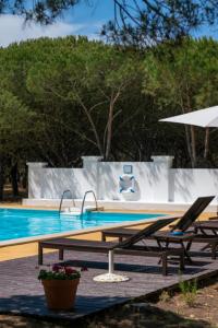 a pool with two picnic tables and an umbrella at Monte do Papa Leguas in Zambujeira do Mar