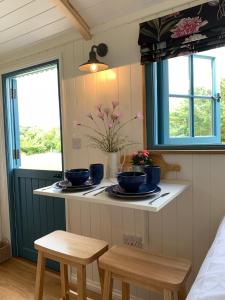 a small kitchen with two blue bowls on a counter at St. Kew Shepherd Huts in Wadebridge