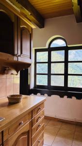 a kitchen with a counter and two windows at Casa de vacanta Aida in Zărneşti