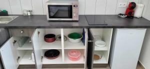 a microwave sitting on top of a kitchen counter at Appart'Evry 2G in Évry-les-Châteaux