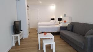 ein Wohnzimmer mit einem Sofa und einem TV in der Unterkunft Apartamentos y estudios EL CENTRO in Vargas