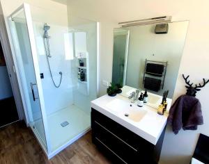 a bathroom with a sink and a shower at Hawea Heaven: Superking beds + Hot Tub + Mountain in Wanaka