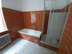 a red tiled bathroom with a shower and a tub at Margarethner Appartments in Sankt Margarethen bei Knittelfeld