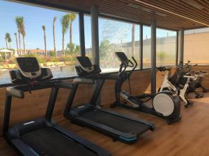 a gym with three elliptical machines in a room with palm trees at Flamenca Village apartment - close to the beach and La Zenia Boulevard in Orihuela