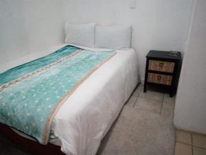 a bedroom with a large bed with a night stand at MEDUPI 2 Guesthouse. in Kempton Park