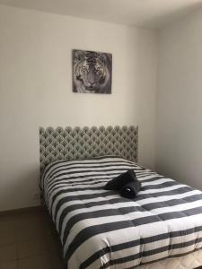a bed with a black and white striped comforter in a bedroom at Appart'Evry 1G in Évry-les-Châteaux