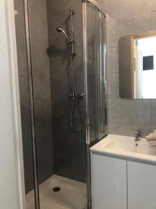 a shower with a glass door next to a sink at Appart'Evry 1G in Évry-les-Châteaux