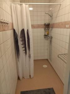 een betegelde badkamer met een douchecabine met een douchegordijn bij Appartement in de natuur! in Fredriksberg