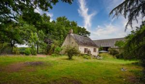 an old stone house in a field with trees at Gite Les Sources in Marcillac-la-Croisille