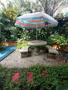 uma mesa de piquenique com um guarda-chuva e dois bancos em Nirvana Apartament Hostal em Alajuela