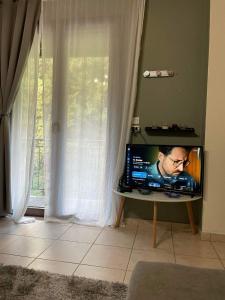 a television in a living room with a window at Τα πέτρινα γεφύρια in Dhimitsana
