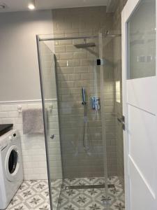 eine Dusche mit Glastür im Badezimmer in der Unterkunft Apartament przy Teatrze in Chorzów + 19 Fotos