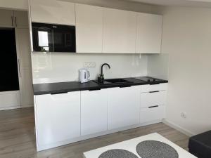 eine weiße Küche mit weißen Schränken und einer Spüle in der Unterkunft Apartament przy Teatrze in Chorzów