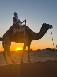 a woman riding on the back of a camel in the desert at Camp M'hamid Ras N'khal in Mhamid