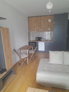 ein Wohnzimmer mit einem Sofa und einem Tisch sowie eine Küche in der Unterkunft Apart Anastasija in Bar