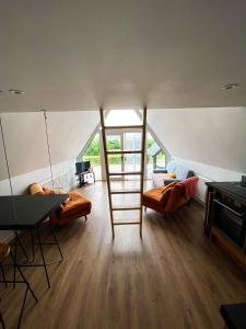 a loft conversion with a ladder and a living room at The Hut 45 in Newry