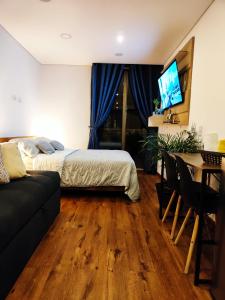 波哥大Chapinero Central Living 58的一间带床、桌子和电视的卧室