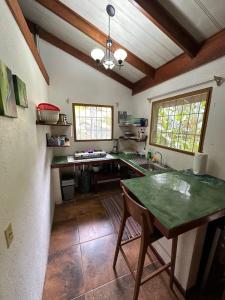 eine Küche mit einer grünen Arbeitsplatte in einem Zimmer in der Unterkunft Mono Azul Cahuita in Cahuita