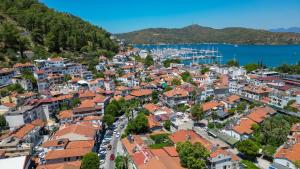 an aerial view of a town with a harbor at Centralflatsfethiye in Fethiye