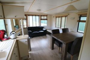 a kitchen and living room with a table and a couch at De Zuidvliet Chalet 3 in Wolphaartsdijk