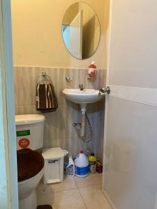 a bathroom with a toilet and a sink and a mirror at Blue House - Via a la costa in Guayaquil