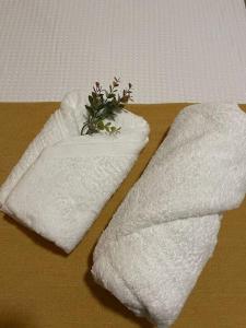 Dos toallas en una mesa con una planta. en Apartamento en Torre del Mar, en Torre del Mar