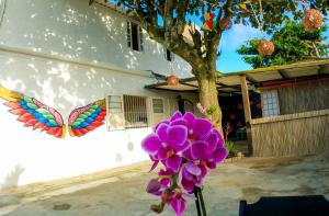 une fleur violette devant une maison avec un papillon dans l'établissement Casarão hostel, à Arraial do Cabo