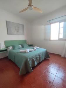 a bedroom with a green bed with a ceiling fan at Ventana al Albarracin in Benamahoma