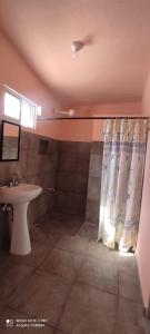 a bathroom with a sink and a shower curtain at LA CHOZITA DEL MAR in Celestún