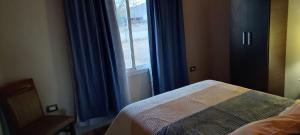 a bedroom with a bed and a window with blue curtains at Departamento Teodelina in Quehué