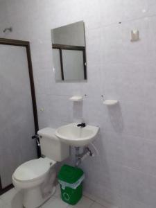 uma casa de banho com um WC, um lavatório e um espelho. em Hotel & Restaurante Doña Nerta bosque em Cartagena das Índias