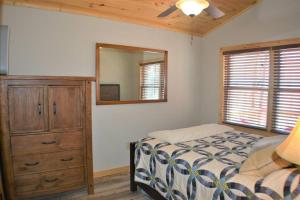 Schlafzimmer mit einem Bett, einer Kommode und einem Spiegel in der Unterkunft Cozy cabin with boosted Wi-Fi in Beech Mountain