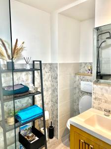 a bathroom with a sink and a shelf with towels at Beau duplex à deux pas du port in Le Tréport