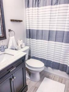 a bathroom with a toilet and a shower curtain at Beautiful 3-bedroom home next to Ft Bragg in Fayetteville