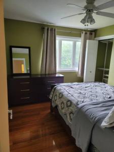 um quarto com uma cama, uma cómoda e um espelho em Serene em Halifax