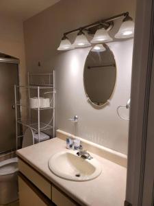 a bathroom with a sink and a mirror and a toilet at Serene in Halifax