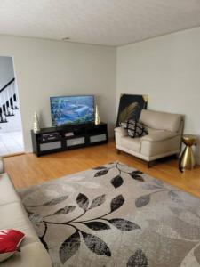 a living room with a couch and a flat screen tv at Serene in Halifax